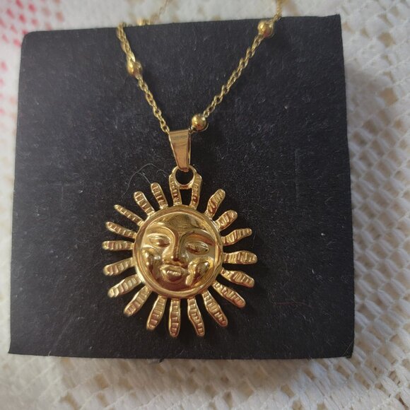 None Jewelry - Sun Face Pendant Necklace Beaded Chain Stainless Steel 20 Inch 2 Inch Adj NEW